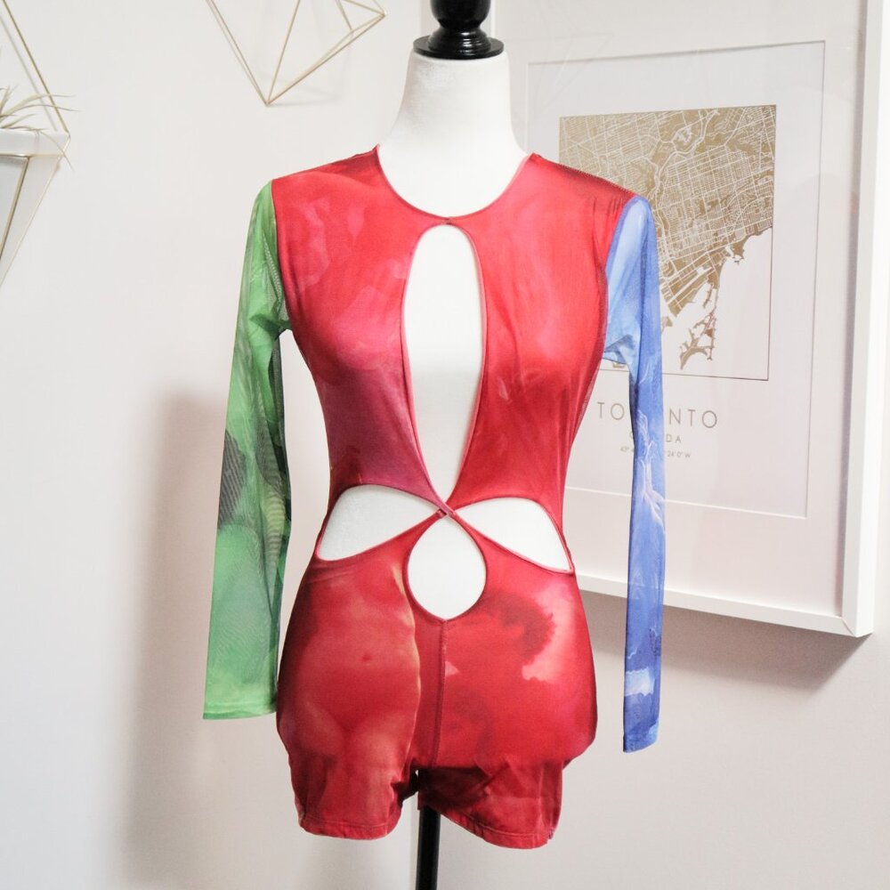 Red Tye Dye 'Orchid' Mesh Cutout Bodysuit 💋 GOI BARCELONA